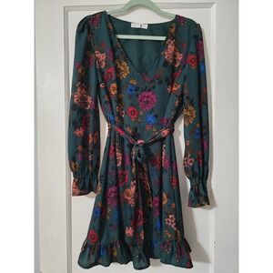 Jack by BB Dakota Green floral Print V Neck Mini Belted Dress Size 8